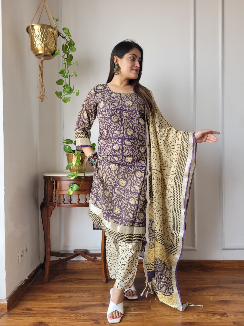 Purple  Bagru Hand Block Printed Linen Suit Set
